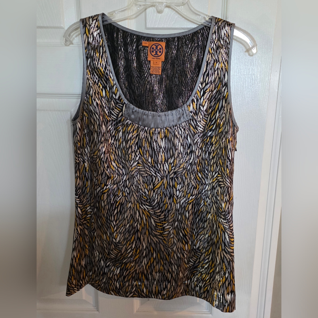 Tory Burch Sleeveless Metallic Leaf Silk Side Zip Top 10